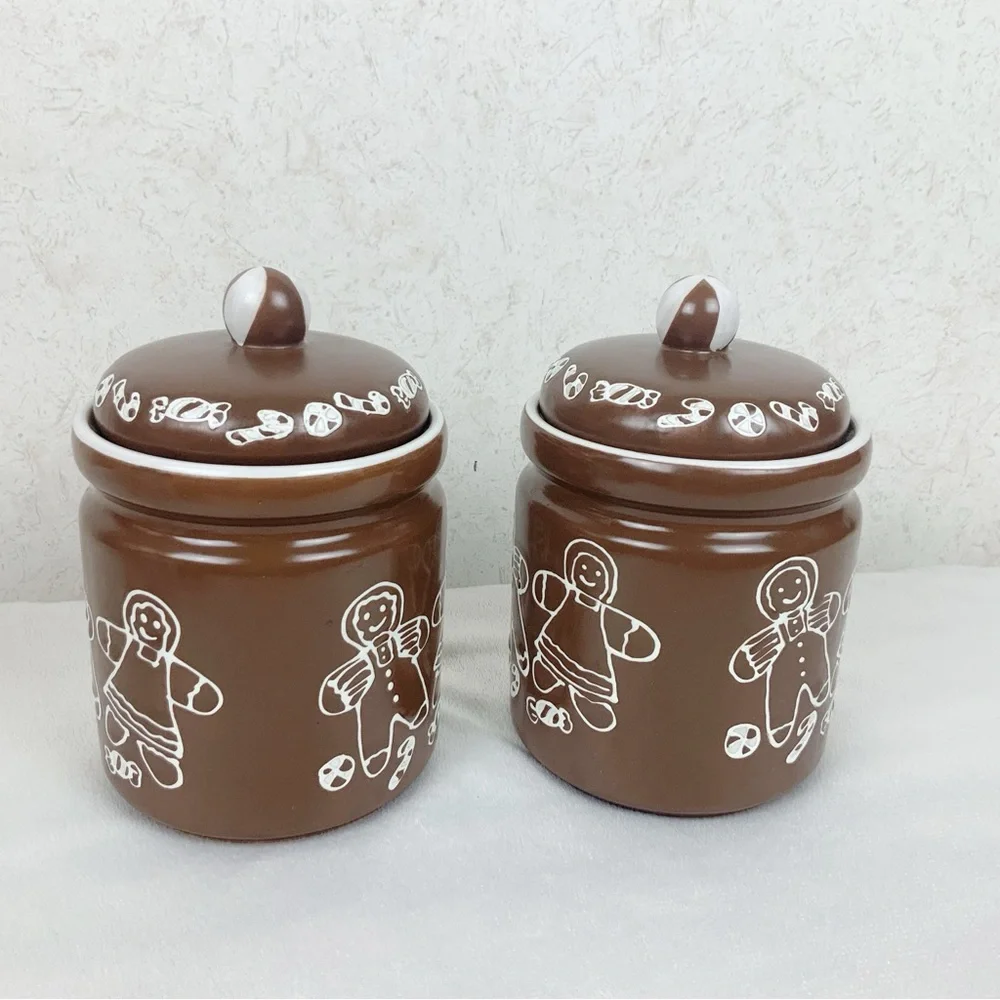 Gingerbread Couple Stoneware Cookie Jar Canister Set Christmas Candy Cane Trim
